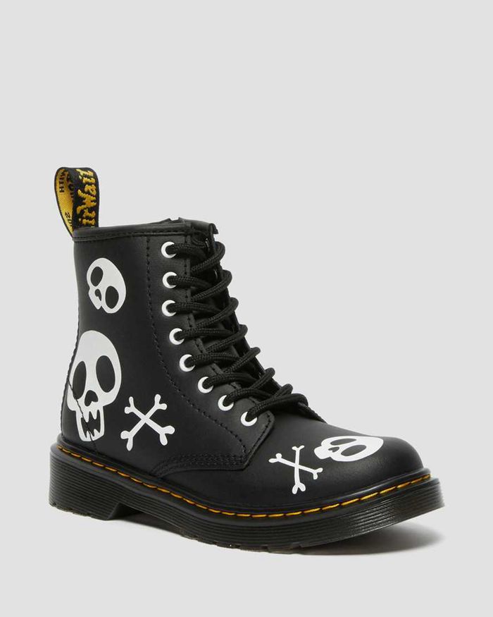 Dr Martens Kids Junior 1460 Skull & Bones Leather Lace Up Boots Black/White - 62381YEAI